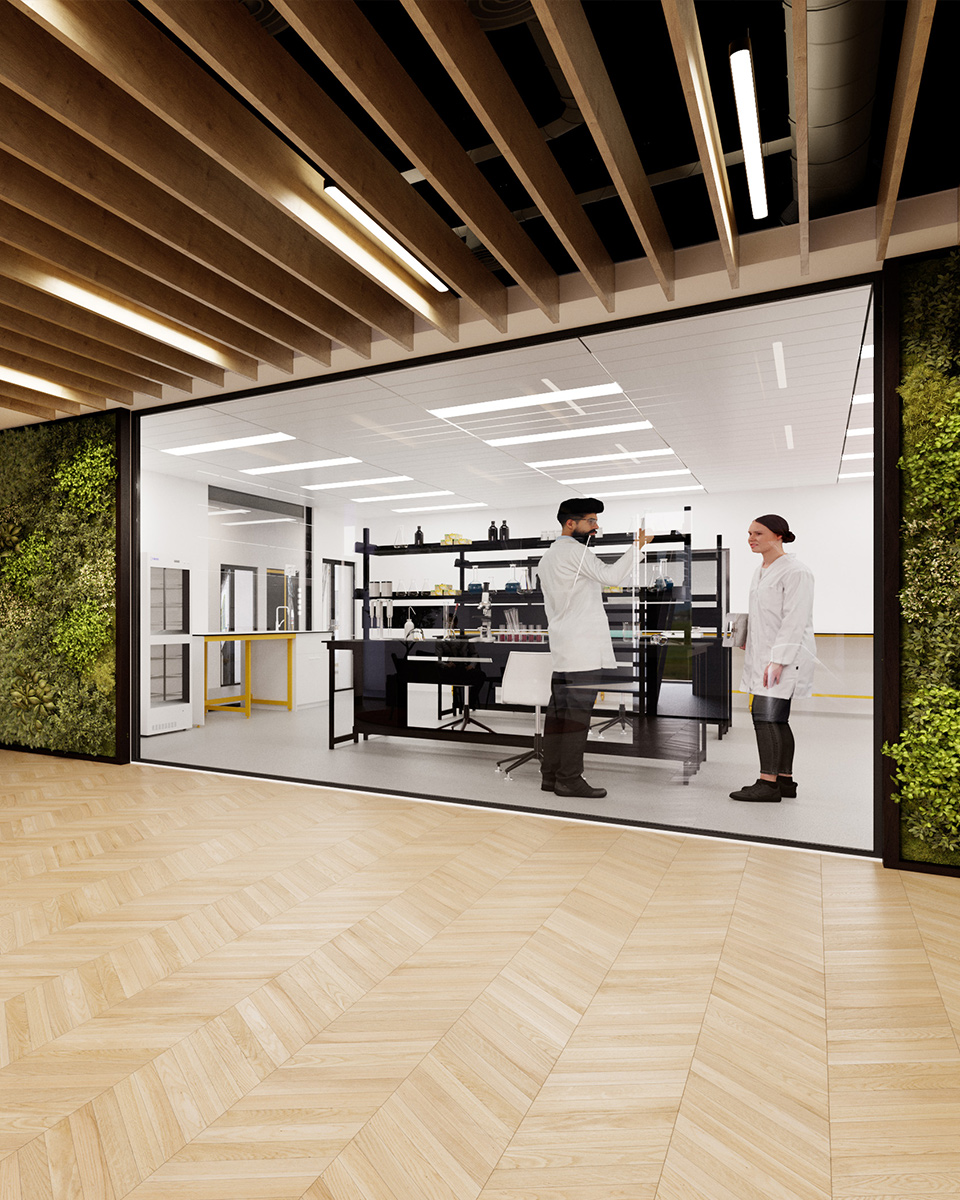 Computer generated image of two lab technicians in a laboratory behind a glass viewing wall in the reception area, in Nucleus, Oxford (aka Northbrook House)