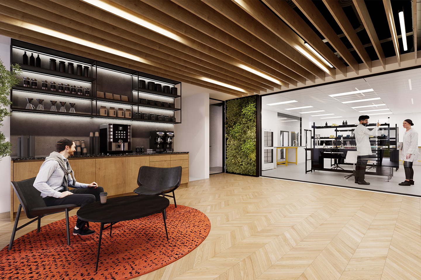 Computer generated image of man sitting on lounge chairs in foyer area with a lit up wall behind him featuring a coffee machine watching lab technicians through a glass window in Northbrook House, Oxford
