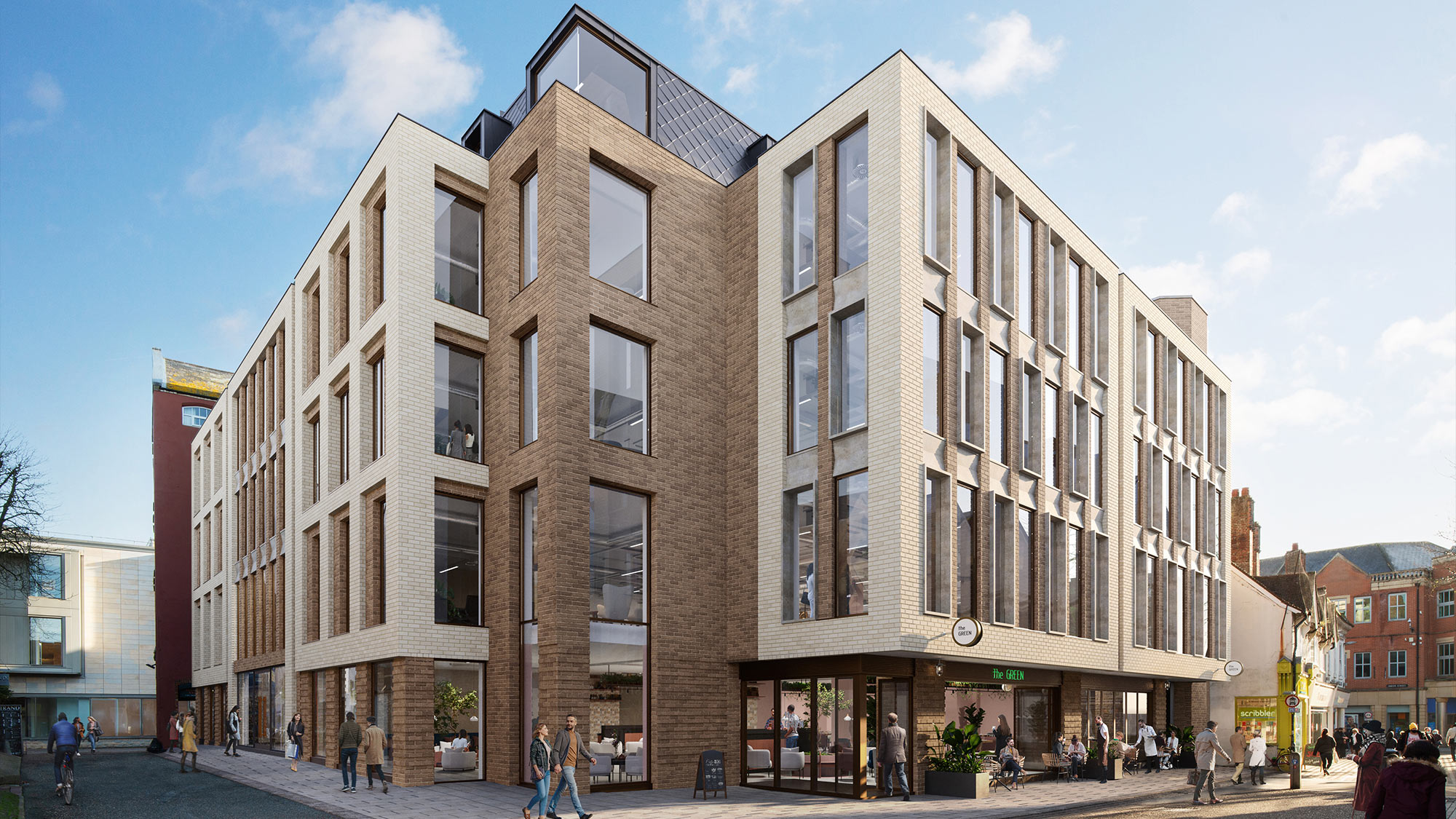 Computer generated image of North Bailey House building exterior, standing on the corner looking towards to cafe entrance on the ground floor