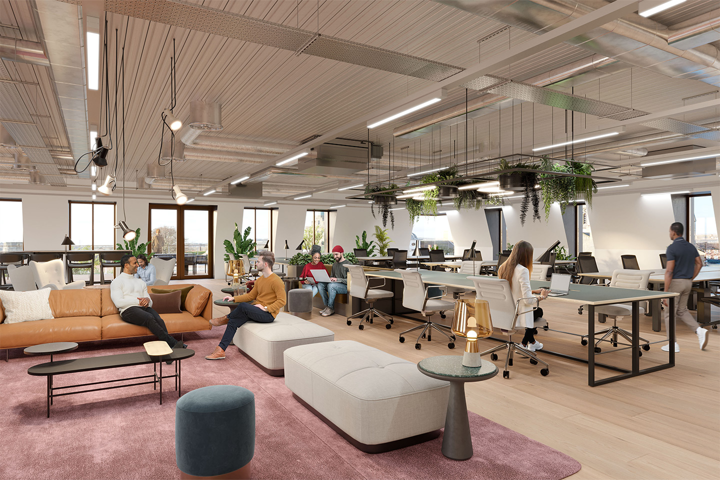 Computer Generated Image of an open plan office space break out area with sofas and large bright windows